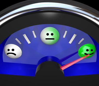 A gauge like in an automobile tracks the change in moods from angry or sad to joyous or happy, with the middle face showing indifference, symbolizing a range of emotions