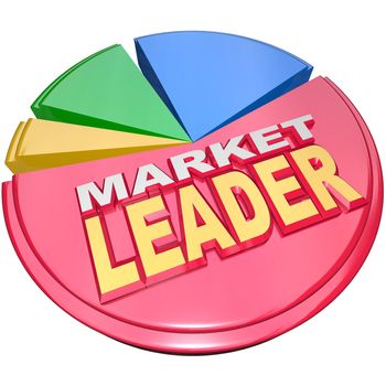 The largest slice of a 3D pie chart with the words Market Leader to signify the company, business or organization that has enjoyed the most success and earned a dominant role in its industry or field