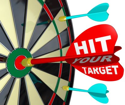 A red dart with the words Hit Your Target makes a direct bulls-eye in the center of a dartboard to win the game and achieve success while competitors miss the mark