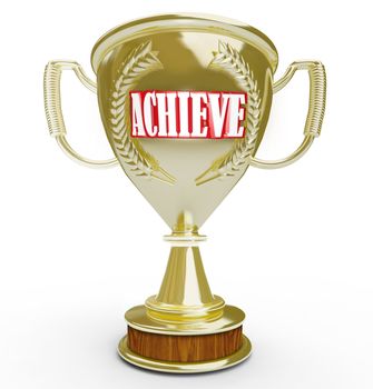 A golden trophy with the word Achieve on it in red and white letters as an award to be given to one who accomplishes a great task and overcomes a challenge to gain success