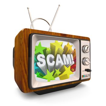 An old fashioned television shows the word Scam on an infomercial broadcast to cheat, deceive and employ shady, scamming marketing practices to con people out of their money