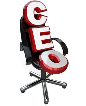 Red 3d letters CEO sit reclining in a black leather office chair symbolizing the top leadership position at a company or organization