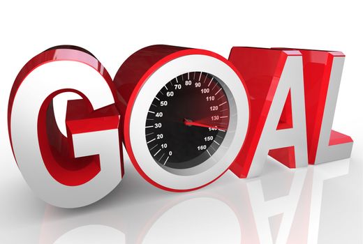 The word Goal includes a speedometer with needle racing to the max to symbolize the successful accomplishment of achieving an objective or completing a mission