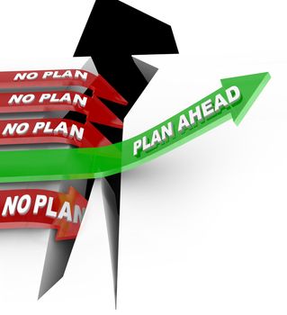 Words Plan Ahead rising an upward arrow over a problem while  other arrows marked No Plan fall into the abyss symbolizing a disaster or emergency and the need to prepare and be ready