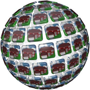A sphere shape showing similar red homes with grass and blue skies symbolizing a peaceful society in a neighborhood such as suburbia