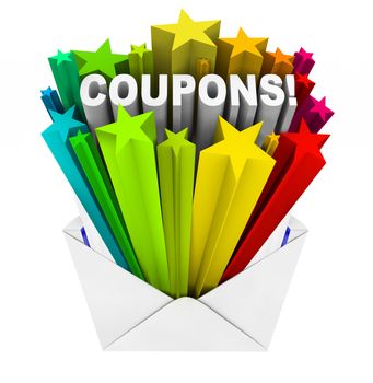 An envelope opening to show a burst of stars and the word Coupons to give you special savings so you can redeem a coupon and save when you buy the things you need at a store or online retailer