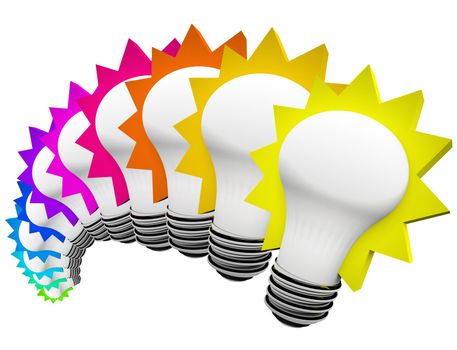 A display of colorful light bulbs in a rainbow of colors symbolizing creativity, innovation, and original thinking to solve a problem and overcome a problem