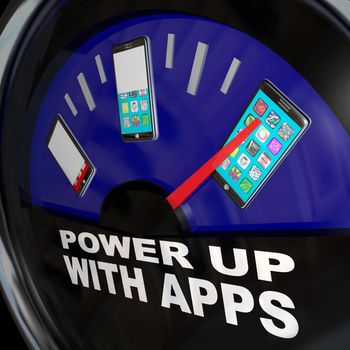 A fuel gauge with needle pointing to a smart phone with a touch screen full of apps 