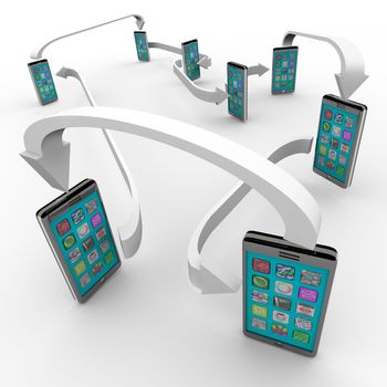 A number of smart phones with apps on touch screens are connected with arrows symbolizing a network of sharing and communication technology