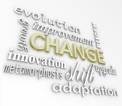 The word Change in gold 3D letters on a white wall with other words that symbolize changing in order to achieve success such as evolution, growth, innovation, metamorphosis, reform, improvement, upgrade, shift, and adaptation