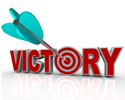 The word Victory with an arrow hitting a bullseye in the letter O symbolizing the success and triumph of achieving your goal in a challenge with competitors