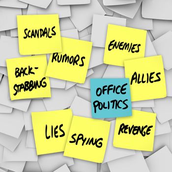Many yellow sticky notes with words Office Politics, Scandals, Lies, Back-Stabbing, Spying, Rumors, Enemies, Allies, Revenge