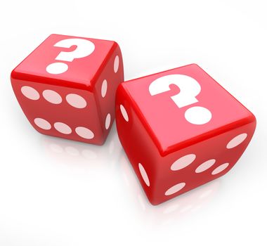 Question marks on two red dice to symbolize an uncertain fate or future and the risks you take by undergoing a challenge or making a big decision
