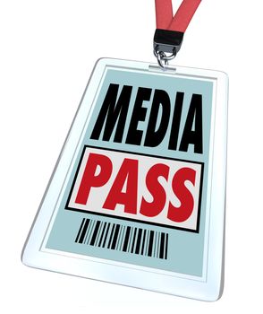 A badge and lanyard reading Media Pass to give a journalist or reporter special clearance to interview a public or famous person or to get exclusive access at a restricted event