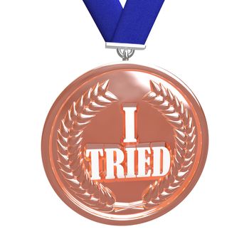 A bronze medal reading I Tried on a blue ribbon, representing recognition of an effort by a losing participant or competitor