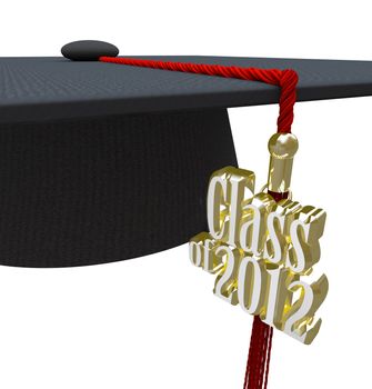 Class of 2012 appears in gold letters on metal emblem attached to a tassel on a graduation cap