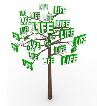 A tree growing many instances of the word Life symbolizing the growth and spreading of life in the modern world