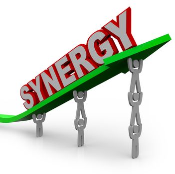 A team of people lift an arrow and the word Synergy, illustrating the growth that can be achieved with many team members working toward a common objective and forming a partnership or alliance of different strengths and abilities