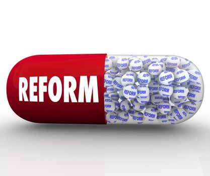A red capsule pill with the word Reform filled with tiny balls each featuring the word reform representing the desire to take a quick fix or solution that will improve a problem or improve the health care industry