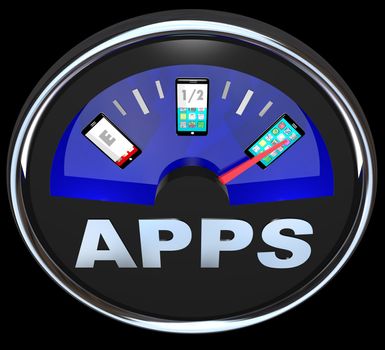 A fuel gauge measures the amount of apps in your smart phone, with the needle pointing to a mobile phone or other device that is full of applications