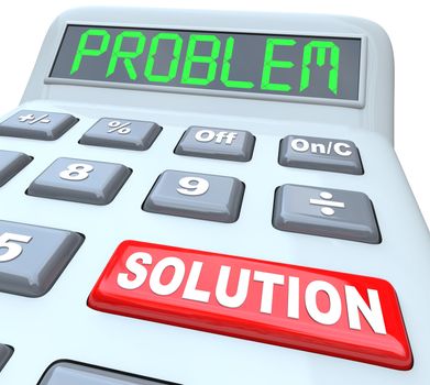 Problem and Solution words on a plastic calculator representing the solved financial or math question using an educational tool or financial assistance