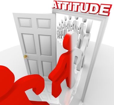 A line of people step through a doorway marked Attitude and are transformed and ready for success by embracing positivity and other good qualities