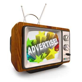 An old fashioned television shows the word Advertising and a burst of colorful stars to grab attention of customers
