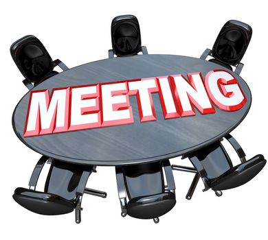 A black wood conference table with the word Meeting and several open chairs prepared for a gathering of important people to discuss a formal topic and negotiate