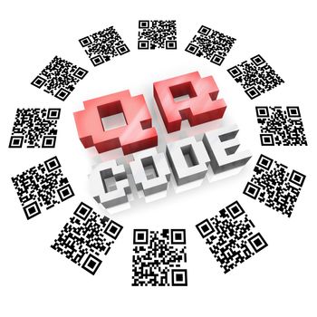 Several QR bardode square icons in a round pattern around the word QR Code representing new technology for you to gather information on products and services using devices like a smart phone