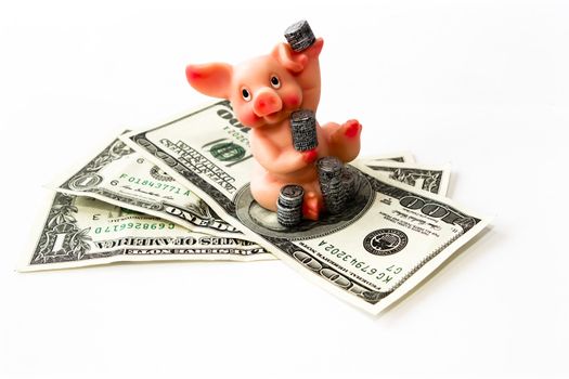 artificial piggy with coins and money on the white background