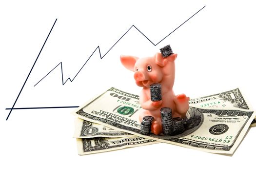 artificial piggy with coins and money on the white background with positive diagram