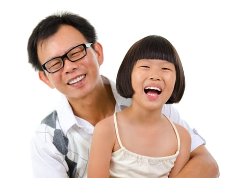 Happy smiling Asian girl and father, isolated on white background