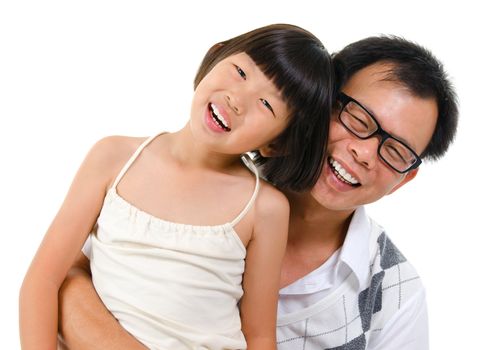 Asian girl and father portrait isolated on white background