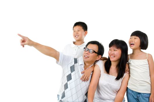 Asian family, father pointing to side over white background