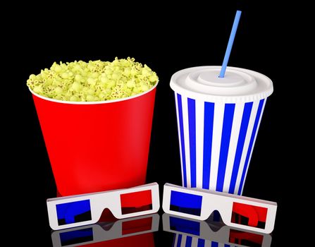 3d glasses with popcorn and soda drink