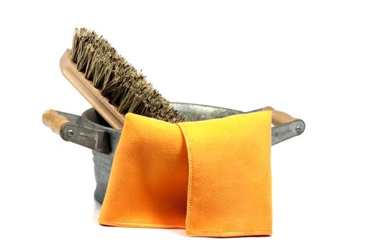 cleaning tools with metal bucket and wooden brush