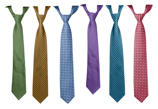 Colorful neckties hanging, fashion accessory collection isolated