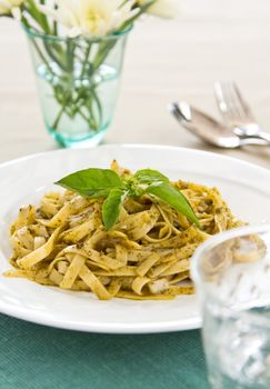 Fettuccine with pesto and basil