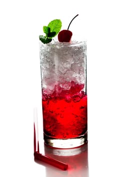 Red Alcoholic Cocktails with ice mint and cherry on white background