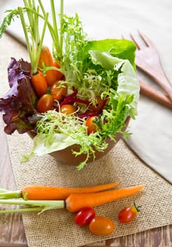 Fresh varieties of vegetables in wood salad bowl