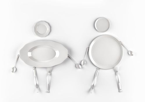 figures of men and women,  stylized by dishes on a white background