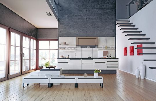 the modern kitchen interior design (3D rendering)