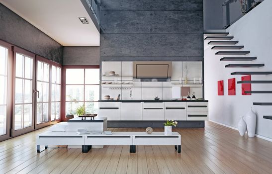 the modern kitchen interior design (3D rendering)