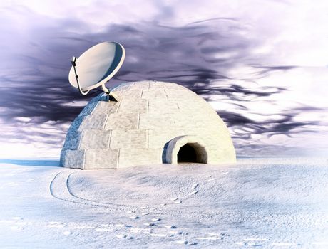 satellite dish and igloo  in winter landscape  (3d concept) 
