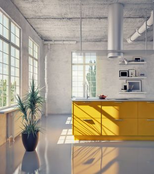 modern kitchen in loft interior (3d illustration)