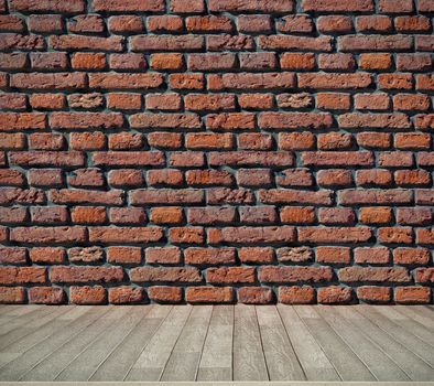 red brick grunge wall and wooden floor 
