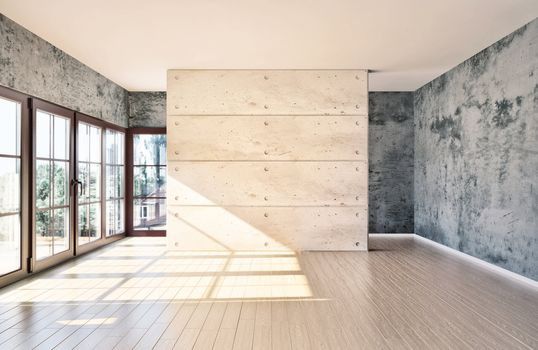 large spacious room, illuminated by natural light from windows