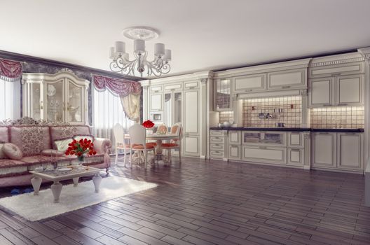 luxury kitchen interior in classic style (3D rendering) 