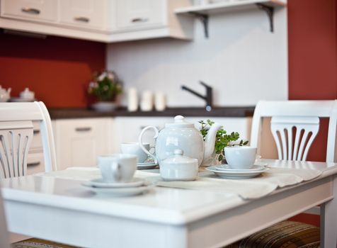  kitchen interior with  dishes  on table  (beautiful Depth Of Field effect)
