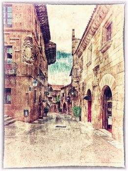 vintage style postcard of traditional architectural complex in Barcelona, Spain 